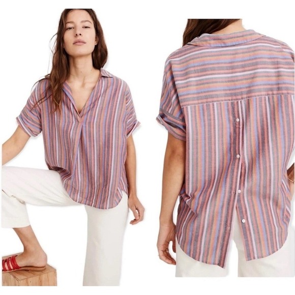 Madewell Courier Button-Back Shirt in Rainbow Stripe V-neck Cotton Oversized XXS - Picture 1 of 12
